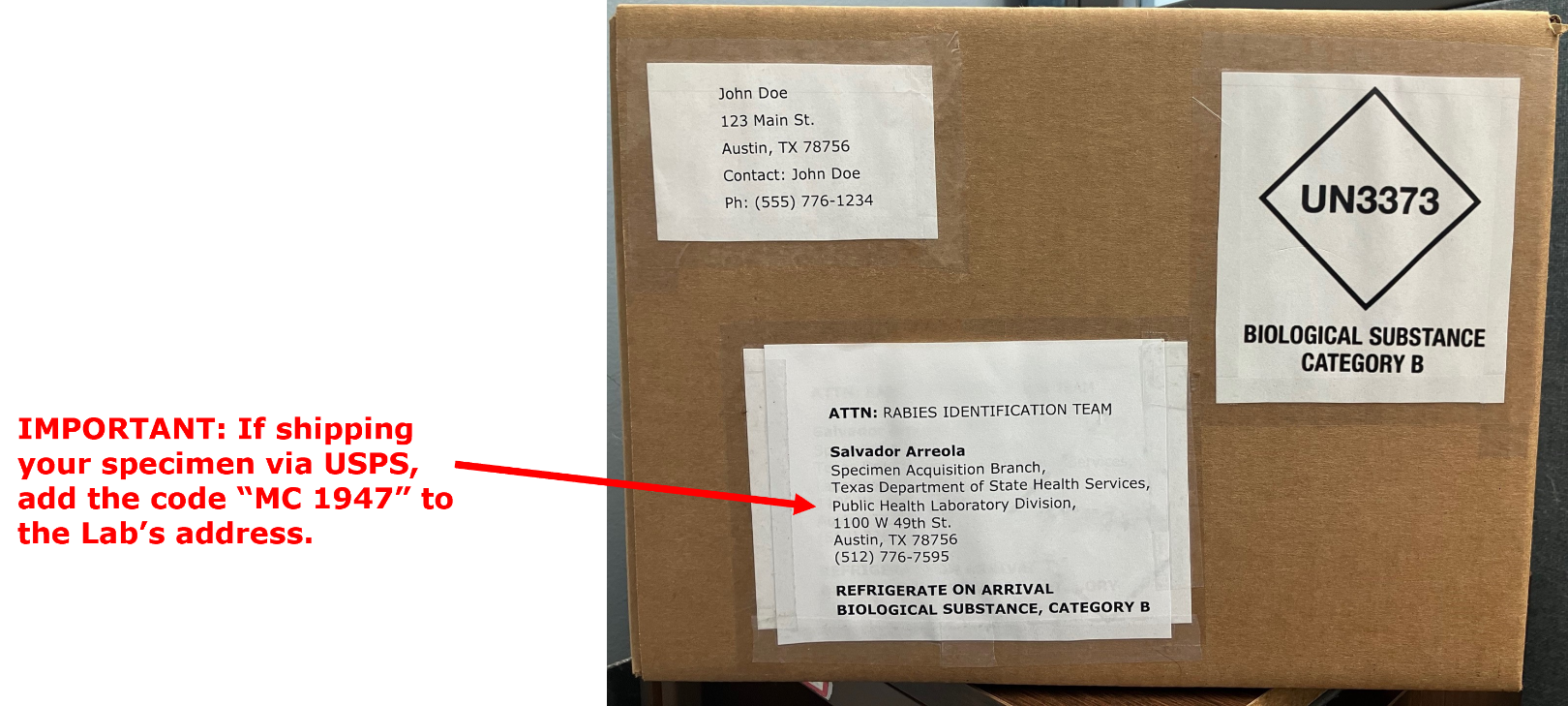 A cardboard box with three white shipping labels taped to one side.  Label with submitter contact information is on top left, Lab's address at center, and UN3373 Category B shipping label is at right. 