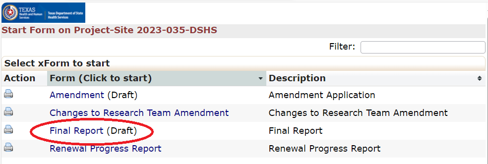 "Screenshot of xForms to Start with the Final Report Form Highlighted"