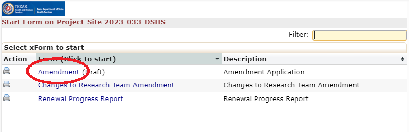 "Screenshot of xForms to Start with the Amendment Form Highlighted"