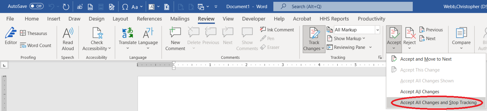 "Screenshot of Word to Show How to Accept all Tracked Changes"