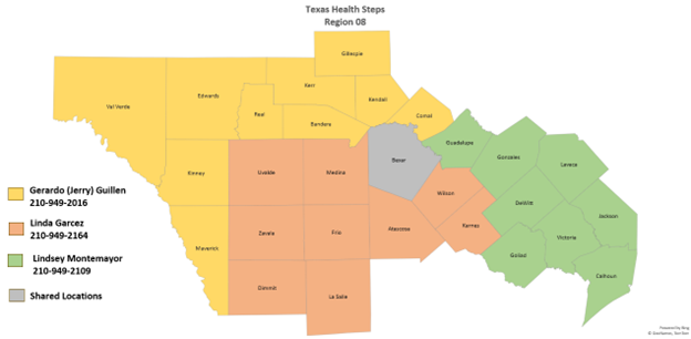 A map of the state of Texas Health Steps Region 8